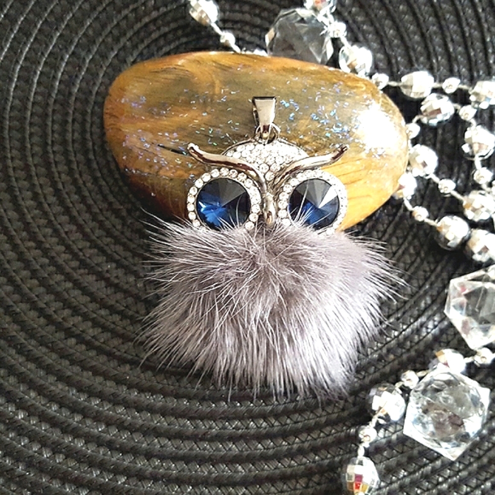 Fluffy Fashion Owel Pendant| Gray Rabbit Fur|Crystal Eyes Head